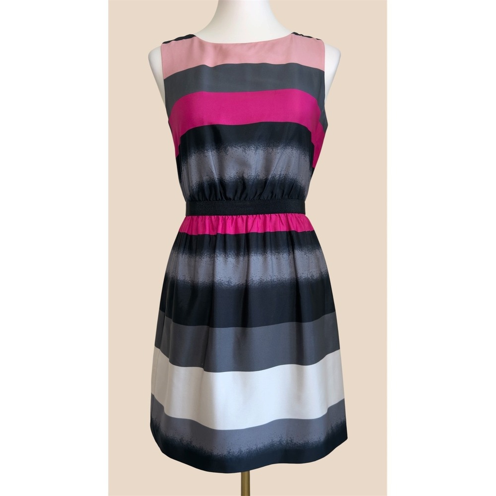 LOFT Petites Pink Grey Striped Sleeveless Fit and Flare Dress Size Small Petite - Picture 3 of 12